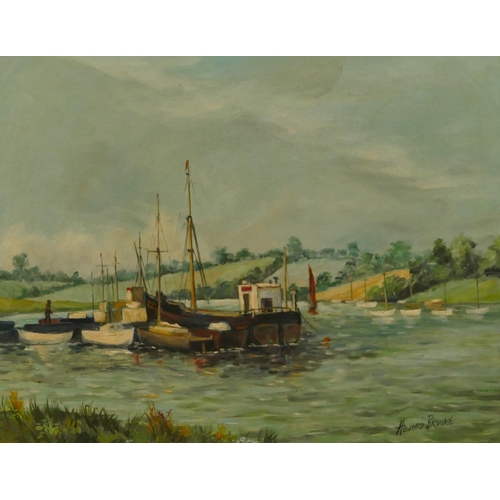 195 - Howard Brooke oil on board depicting boats on a river, signed, in gilt frame, 39cm x 49cm