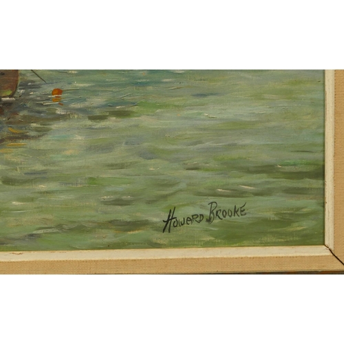 195 - Howard Brooke oil on board depicting boats on a river, signed, in gilt frame, 39cm x 49cm