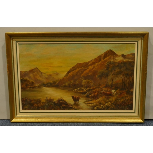 200 - H J Troman oil on board depicting highland cattle standing in lake, indistinctly signed, in gilt fra... 