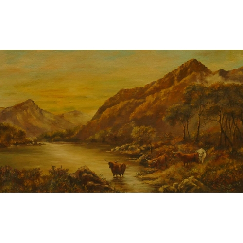 200 - H J Troman oil on board depicting highland cattle standing in lake, indistinctly signed, in gilt fra... 