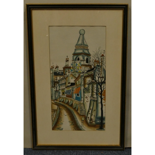 205 - A watercolour depicting a Continental Street scene, unsigned, in Hogarth frame, 41cm x 21cm