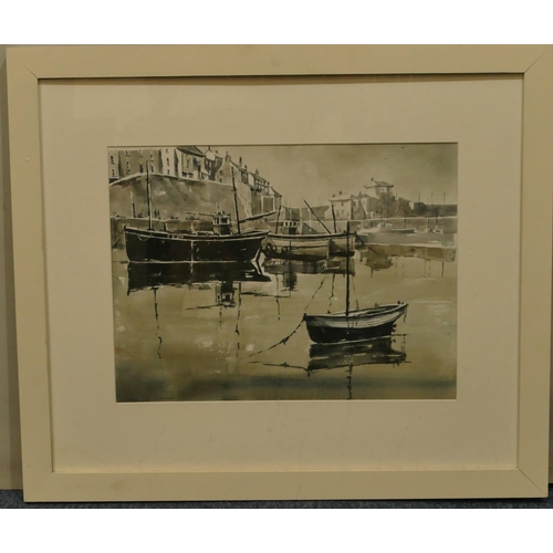 212 - Jason Liosatos, monochrome marine watercolour depicting harbour scene, signed, in white painted fram... 