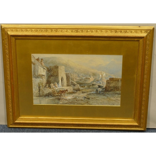 214 - Pike, 19th Century watercolour harbour scene at low tide with figures and horse drawn cart, signed a... 