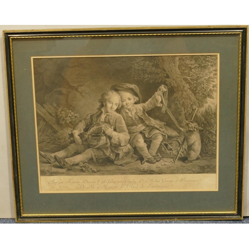 220 - A 19th Century Continental black and white etching depicting 2 seated boys in Hogarth frame, 35 x 45... 