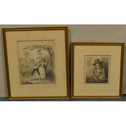 221 - EJ Gibson 2 pencil sketches depicting woodman holding an axe and lady and young gentleman holding a ... 