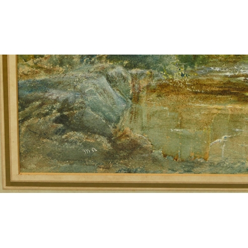 223 - A watercolour depicting woodland stream with figure on arched bridge, monogramed MA, in gilt frame, ... 