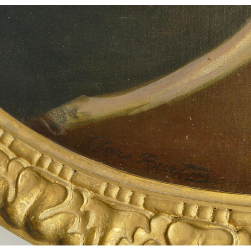 231 - Clare Burton oval 19th Century oil on canvas, half length portrait of a lady, in gilt frame with rai... 