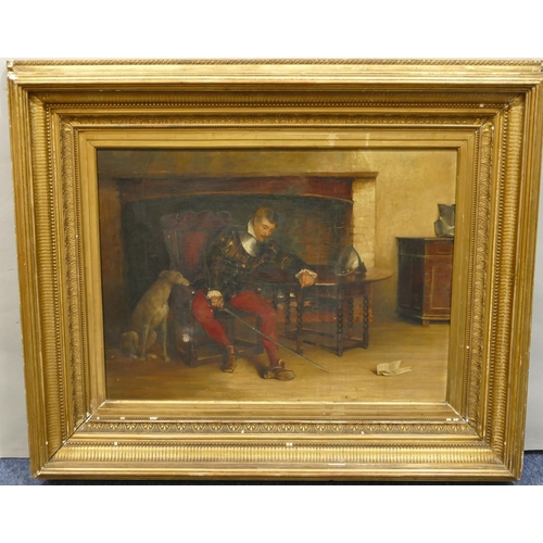 233 - H Bartholomen, 19th Century oil on canvas, seated swordsman in fireplace with dog, signed and dated ... 