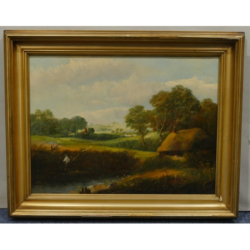 235 - A 19th Century oil on canvas of fisherman in stream near thatched cottage with open landscape in the... 