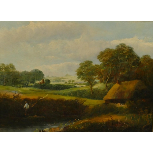 235 - A 19th Century oil on canvas of fisherman in stream near thatched cottage with open landscape in the... 