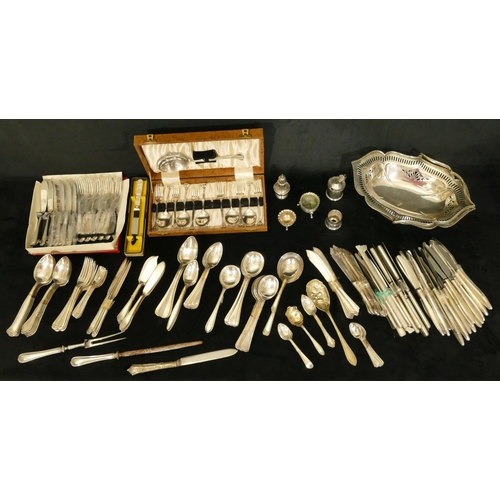 242 - A large quantity of various odd silver plated flatware, a plated cake basket and 5 plated condiments