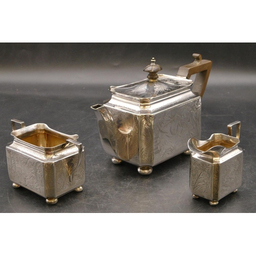 244 - A silver plated rectangular shaped 3-piece tea service with engraved bird, floral and leaf decoratio... 