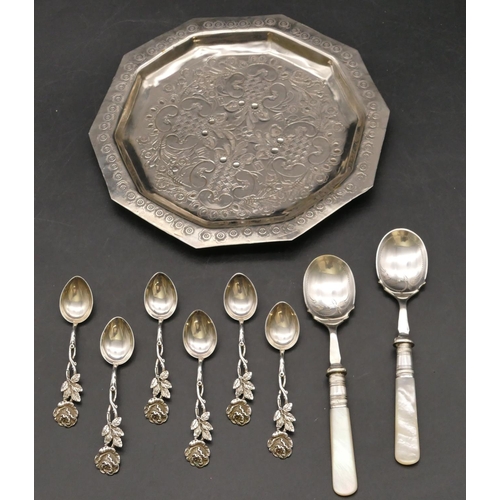 249 - 6 silver coloured metal teaspoons with floral motifs (cased), a pair of silver plated Mother of Pear... 