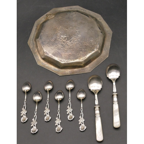 249 - 6 silver coloured metal teaspoons with floral motifs (cased), a pair of silver plated Mother of Pear... 