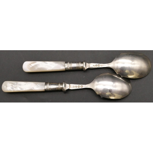 249 - 6 silver coloured metal teaspoons with floral motifs (cased), a pair of silver plated Mother of Pear... 