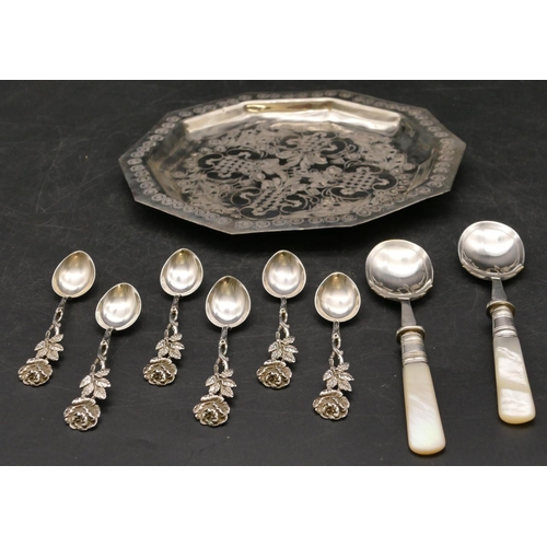 249 - 6 silver coloured metal teaspoons with floral motifs (cased), a pair of silver plated Mother of Pear... 