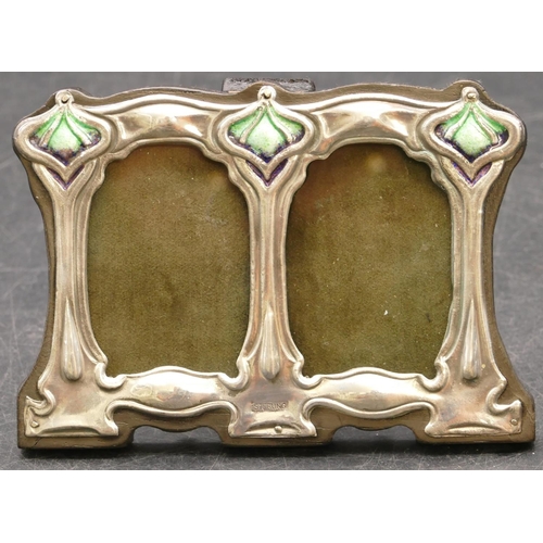 254 - A sterling silver Art Nouveau style double small freestanding photograph frame with enamelled decora... 