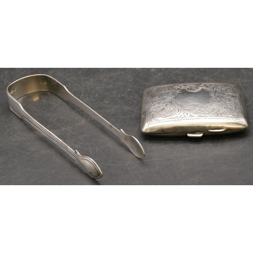 257 - A pair of Victorian silver sugar tongs and a Birmingham silver small concave shaped cigarette case, ... 