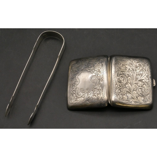 257 - A pair of Victorian silver sugar tongs and a Birmingham silver small concave shaped cigarette case, ... 