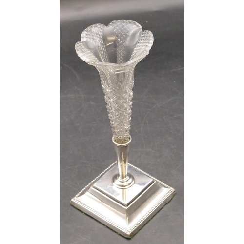 260 - A cut glass round trumpet shaped spill vase on Sheffield silver stand with square splayed base, 20.5... 