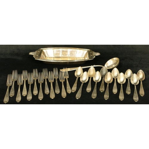 267 - A Henin Continental flatware service, 1 ladle, 12 forks, 11 spoons and a Continental rectangular 2-h... 