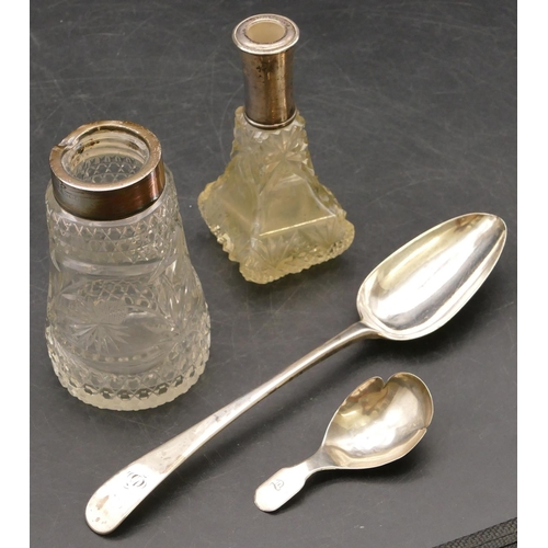 269 - A George III silver tablespoon, a George III Birmingham silver caddy spoon (2 slight splits to bowl)... 