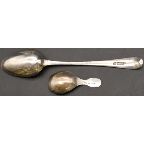 269 - A George III silver tablespoon, a George III Birmingham silver caddy spoon (2 slight splits to bowl)... 