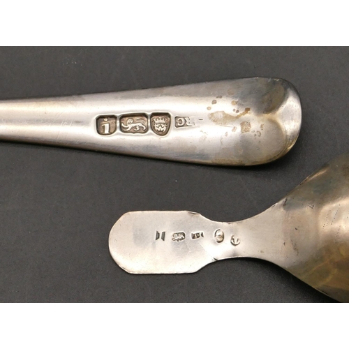 269 - A George III silver tablespoon, a George III Birmingham silver caddy spoon (2 slight splits to bowl)... 