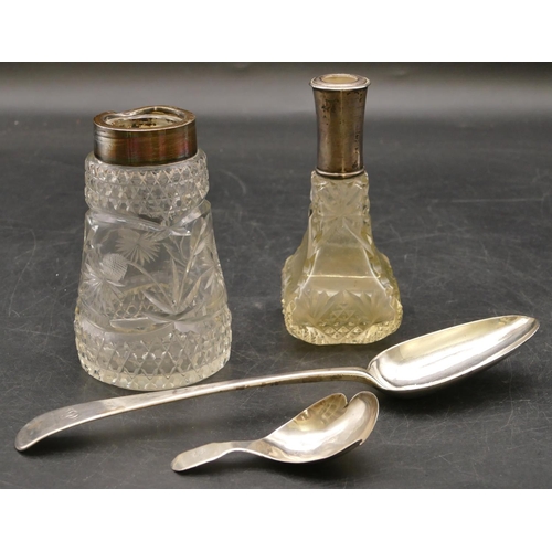 269 - A George III silver tablespoon, a George III Birmingham silver caddy spoon (2 slight splits to bowl)... 