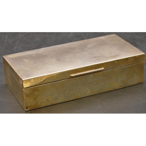 270 - A Birmingham silver rectangular shaped cigarette box with hinged engine turned lid, engraved inscrip... 