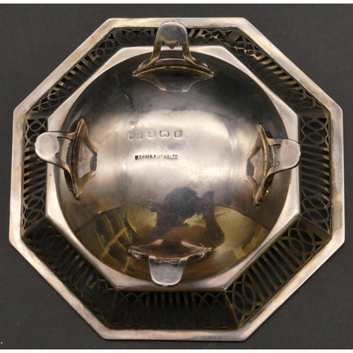 274 - A Birmingham silver octagonal shaped sweetmeat dish with pierced gallery on 4 splayed feet and a squ... 