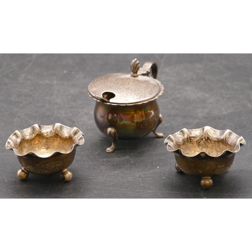 280 - A pair of Birmingham silver round bulbous trumpet shaped salts with crinkled rims on ball feet and a... 