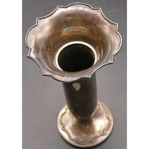 282 - A Birmingham silver round trumpet shaped spill vase with crinkled rim on round weighted base, 23cm h... 