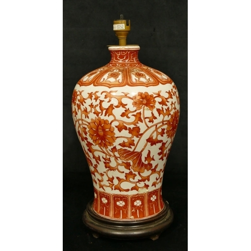 106 - An Oriental round bulbous thin necked vase (converted to table lamp) on white and red ground with al... 