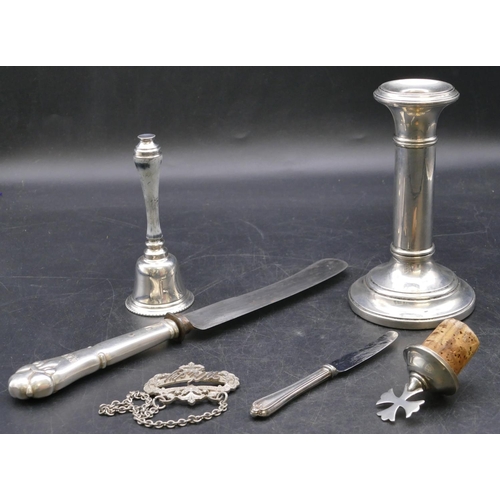 344 - A Birmingham plain silver candlestick on sweeping base, 14.5cm high, a Birmingham silver small hand ... 