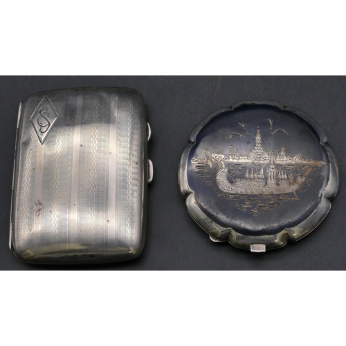 346 - A Birmingham silver small concave shaped cigarette case with engine turned decoration, a Sterling si... 