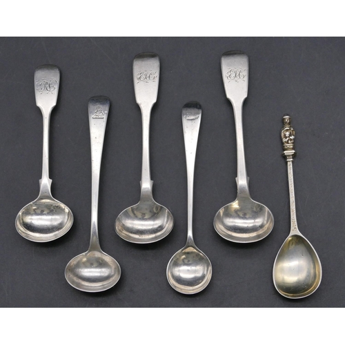 348 - A pair of Victorian silver mustard spoons, a Birmingham silver Apostle salt spoon and 3 other Georgi... 