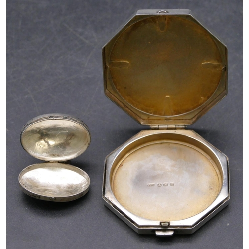 350 - A Birmingham silver octagonal shaped pill box with engine turned hinged lid and a silver-coloured me... 