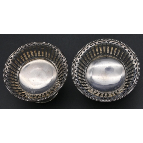 355 - A pair of Birmingham silver round sweetmeat dishes with ball and pierced rims, sweeping bases, 8.2cm... 