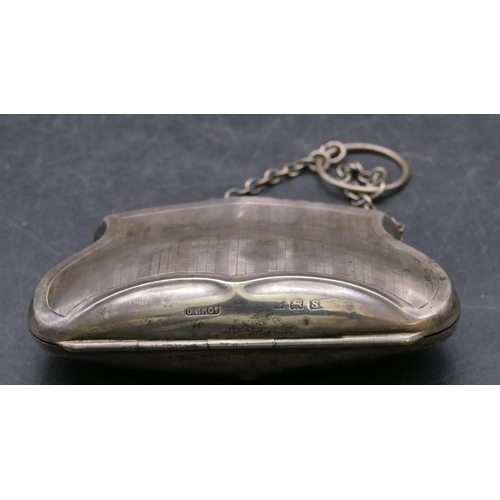 362 - A Birmingham silver bulbous shaped ladies evening purse with chain and engraved hinged front enclosi... 