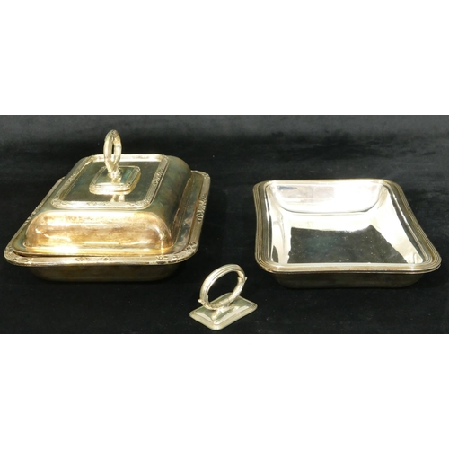 368 - A silver plated rectangular shaped entrée dish with cover and raised floral and reeded rim enclosing... 