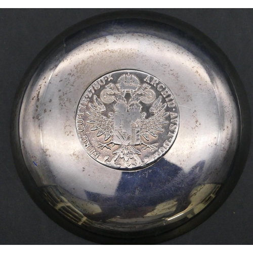 374 - A silver-coloured metal circular small dish inset with an 18th Century coin, 9.8cm diameter, 3.3oz g... 