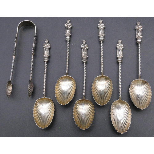 376 - A set of 6 Birmingham silver Apostle teaspoons with twist handles and shell shaped bowls, a pair of ... 