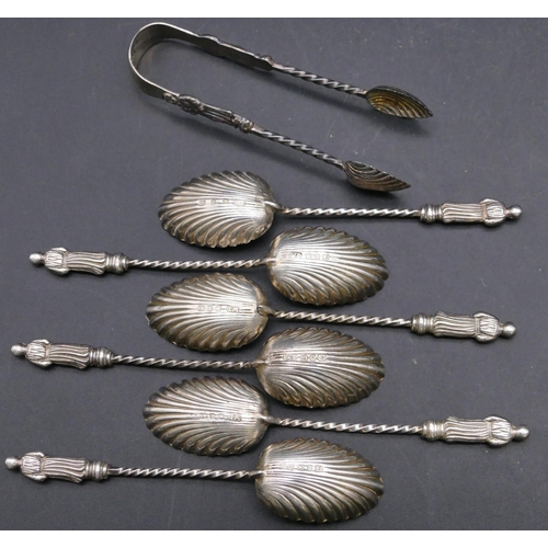 376 - A set of 6 Birmingham silver Apostle teaspoons with twist handles and shell shaped bowls, a pair of ... 