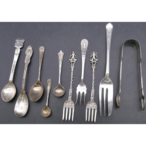 377 - A pair of Victorian silver sugar tongs, a Birmingham silver cake fork, 3 silver cake forks, 2 silver... 