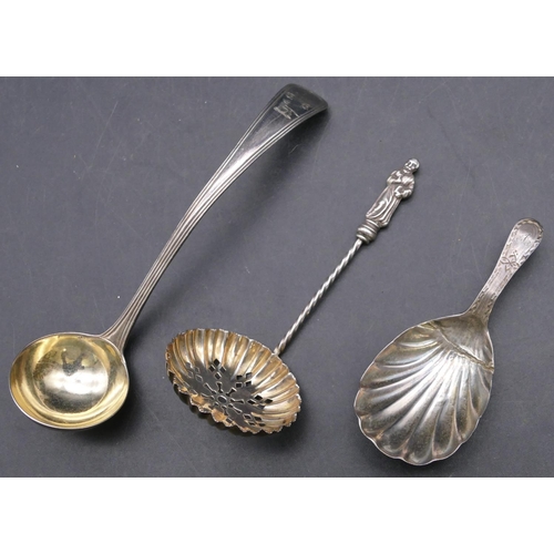 380 - A Georgian silver small ladle and a Birmingham silver Apostle sugar sifter spoon with scalloped shap... 