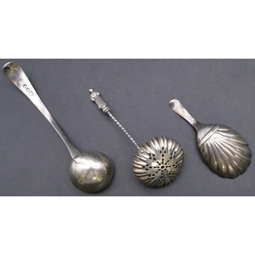 380 - A Georgian silver small ladle and a Birmingham silver Apostle sugar sifter spoon with scalloped shap... 