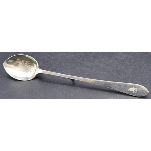 388 - A Sheffield silver long handled spoon mounted with hanging hook, maker's mark R&B, 1.6oz