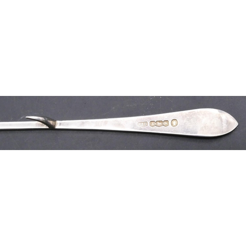 388 - A Sheffield silver long handled spoon mounted with hanging hook, maker's mark R&B, 1.6oz