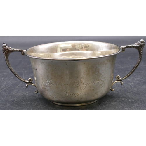 394 - A Birmingham silver round 2-handled porringer, maker's mark W.N. Ltd, 16cm wide overall, 3.8oz